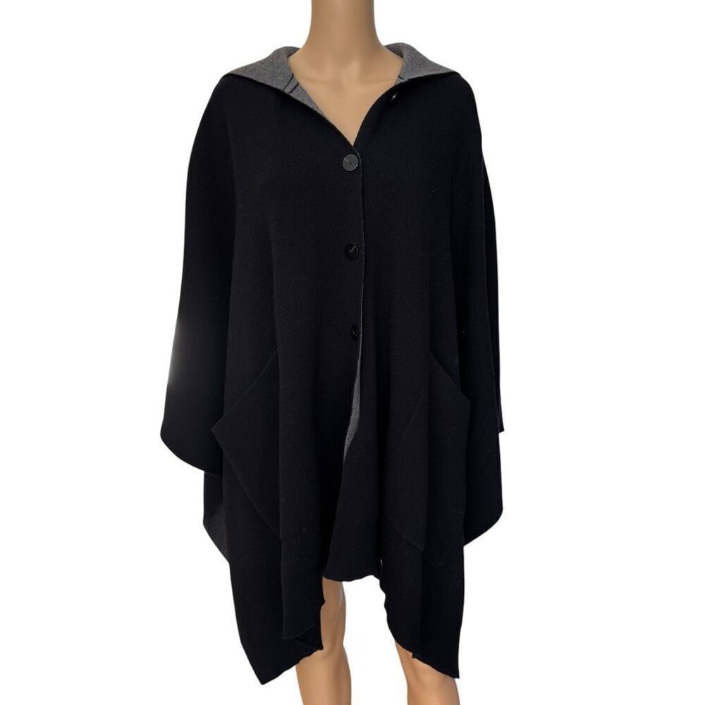 Theory button down Felted Wool-Cashmere Hooded Poncho - Black / Grey size P/S - Picture 6 of 8